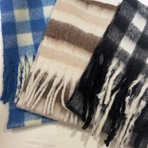Oak + Fort Oversized Plaid and Striped Fringe Scarf Bundle 3 Pack